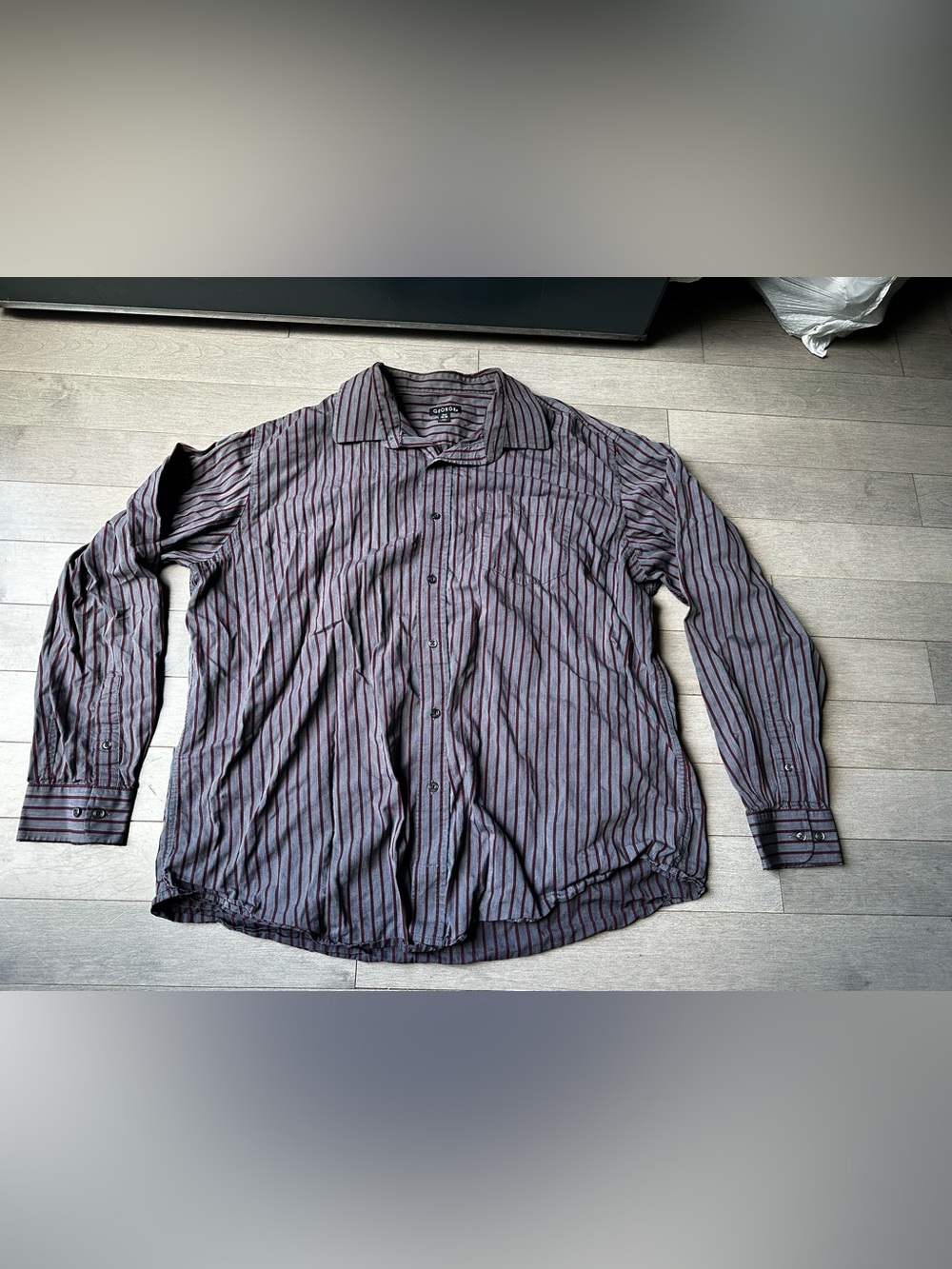 Men’s Dress Shirt Gray Red Stripe Long Sleeve Office George Button Down XL
